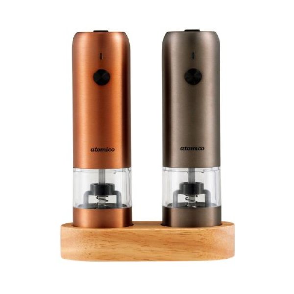 画像1: シービージャパン ペッパーミル 充電式 電動ミル ソルト&ペッパー カッパー&グラファイトグレー 2本セット 専用ウッドスタンド付 岩塩 胡椒 スパイス 粗さ調節可能 atomico 4573306873723 ] (1)