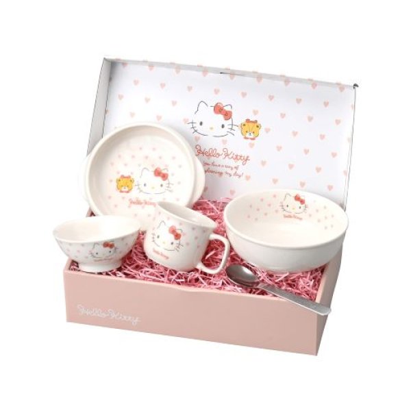 画像1: 金正陶器(Kaneshotouki)ハローキティ 子ども用 食器セット 食洗機対応 電子レンジ対応 食器 キティ グッズ 箱サイズ 30.5×16.5×8.5cm ピンクハート日本製 365740 4964412365408 ] (1)