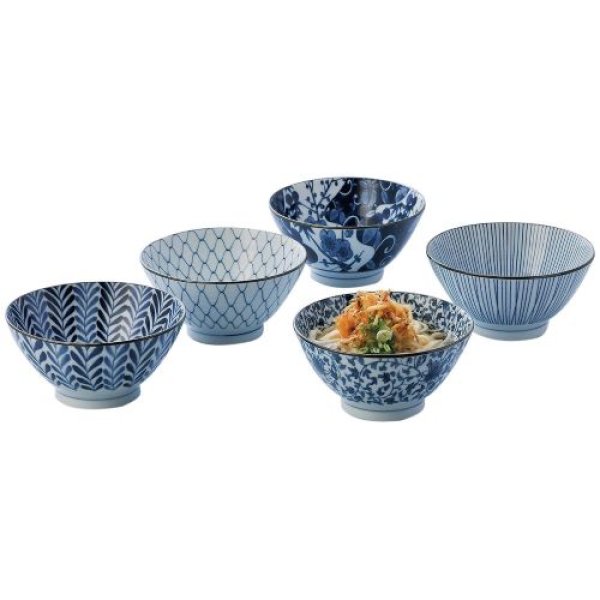 画像1: 西海陶器 反丼 藍 絵変り 化粧箱入 日本製 直径18 cm 5個 セット 31756 4965451317564 ] (1)