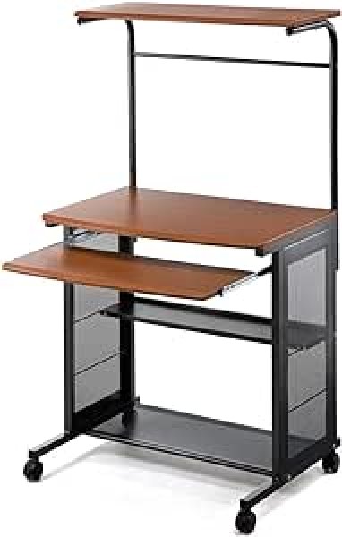 画像1: ・サンワダイレクト パソコンデスク 幅75cm 総耐荷重71kg スライドテーブル付 可動棚 キャスター付 木目調 100-002 (1)