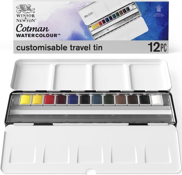 画像1: Winsor & Newton ウィンザー&ニュートン 水彩絵具 ウィンザー&ニュートン コットマン ウォーターカラーハーフパン１２色カスタマイズトラベルメタルボックスセット (1)